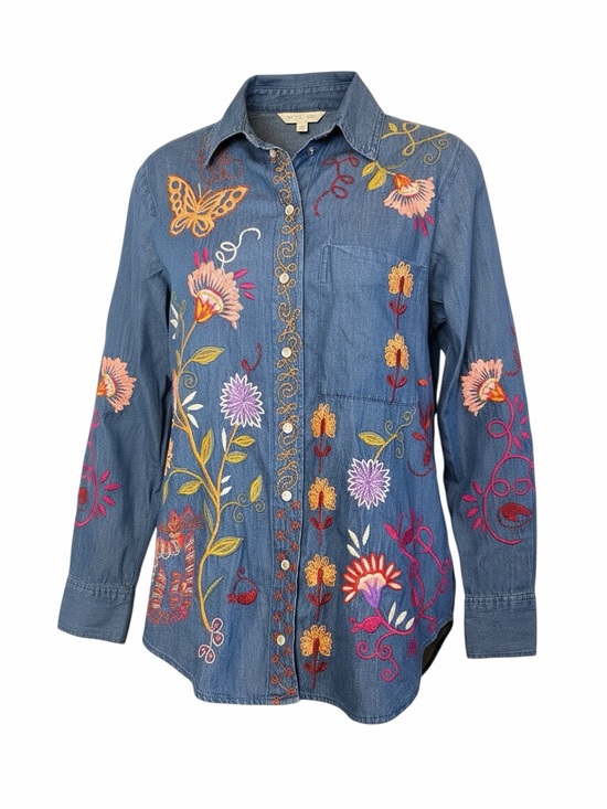 Johnny Was Tops - Johnny Was Workshop Blue Embroidered Floral Butterfly Denim Button-Down Shirt